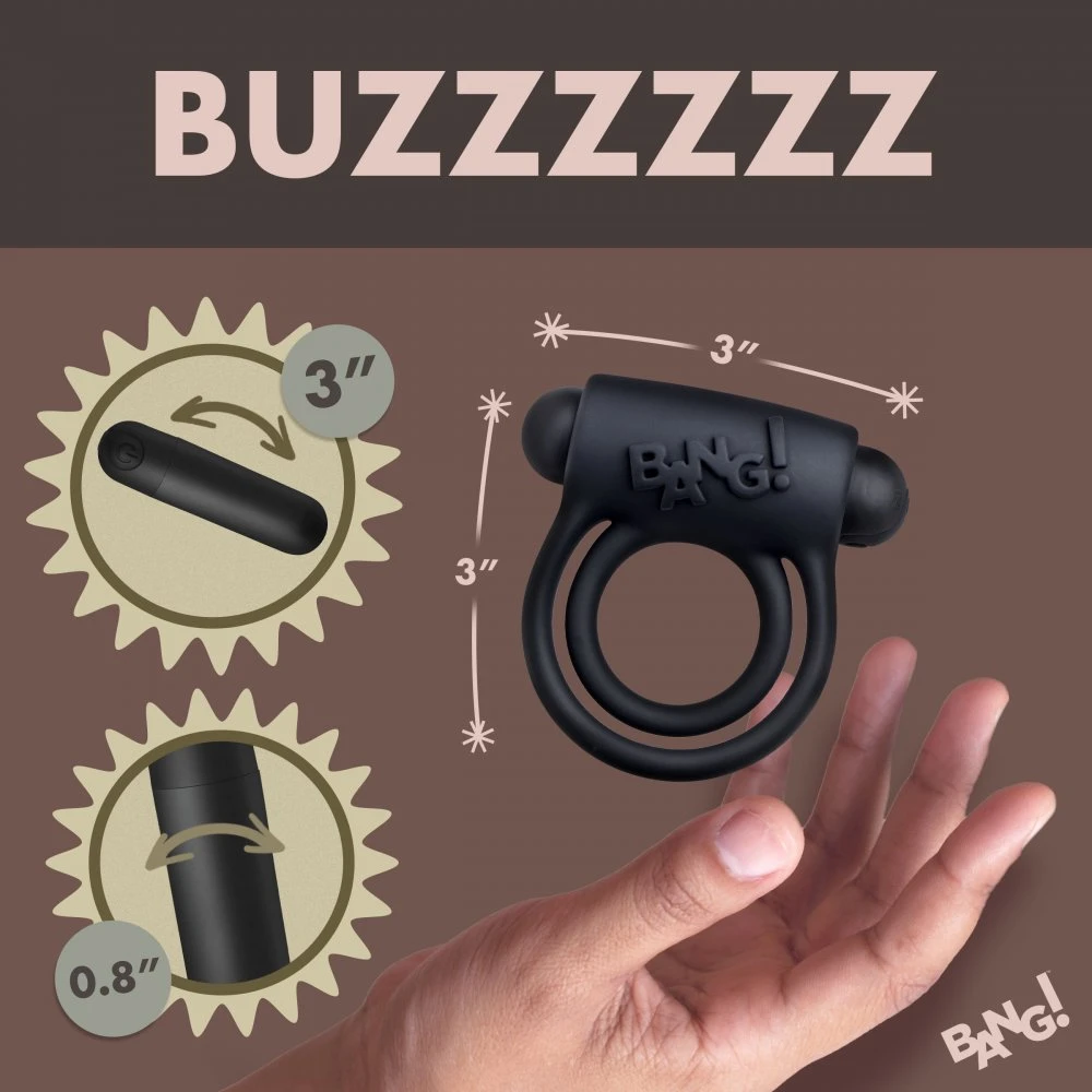 Bang! 28X Cock Ring in premium velvety silicone showing its full double ring design with shaft and ball loops, powerful bullet vibrator, and remote control for enhanced erection and partnered pleasure