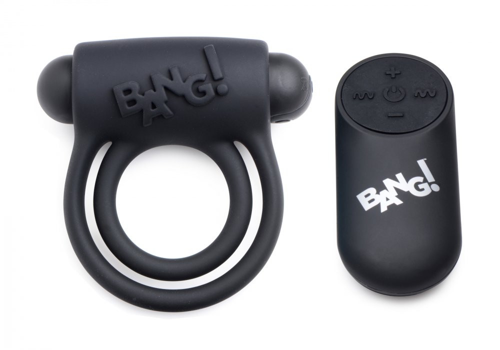 Bang! 28X Cock Ring in premium velvety silicone showing its full double ring design with shaft and ball loops, powerful bullet vibrator, and remote control for enhanced erection and partnered pleasure