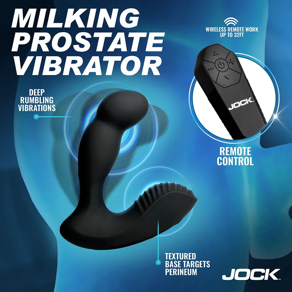 Jock P-Force Silicone Prostate Vibrator w/ Remote in premium body-safe silicone showing its full curved insertable arm with milking head, external perineum arm, and wireless remote for independent dual-motor control