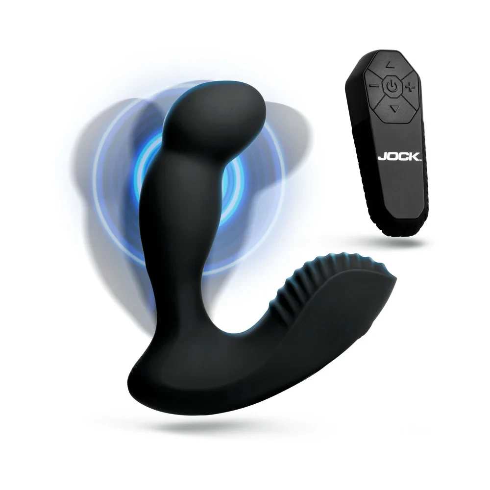 Jock P-Force Silicone Prostate Vibrator w/ Remote in premium body-safe silicone showing its full curved insertable arm with milking head, external perineum arm, and wireless remote for independent dual-motor control