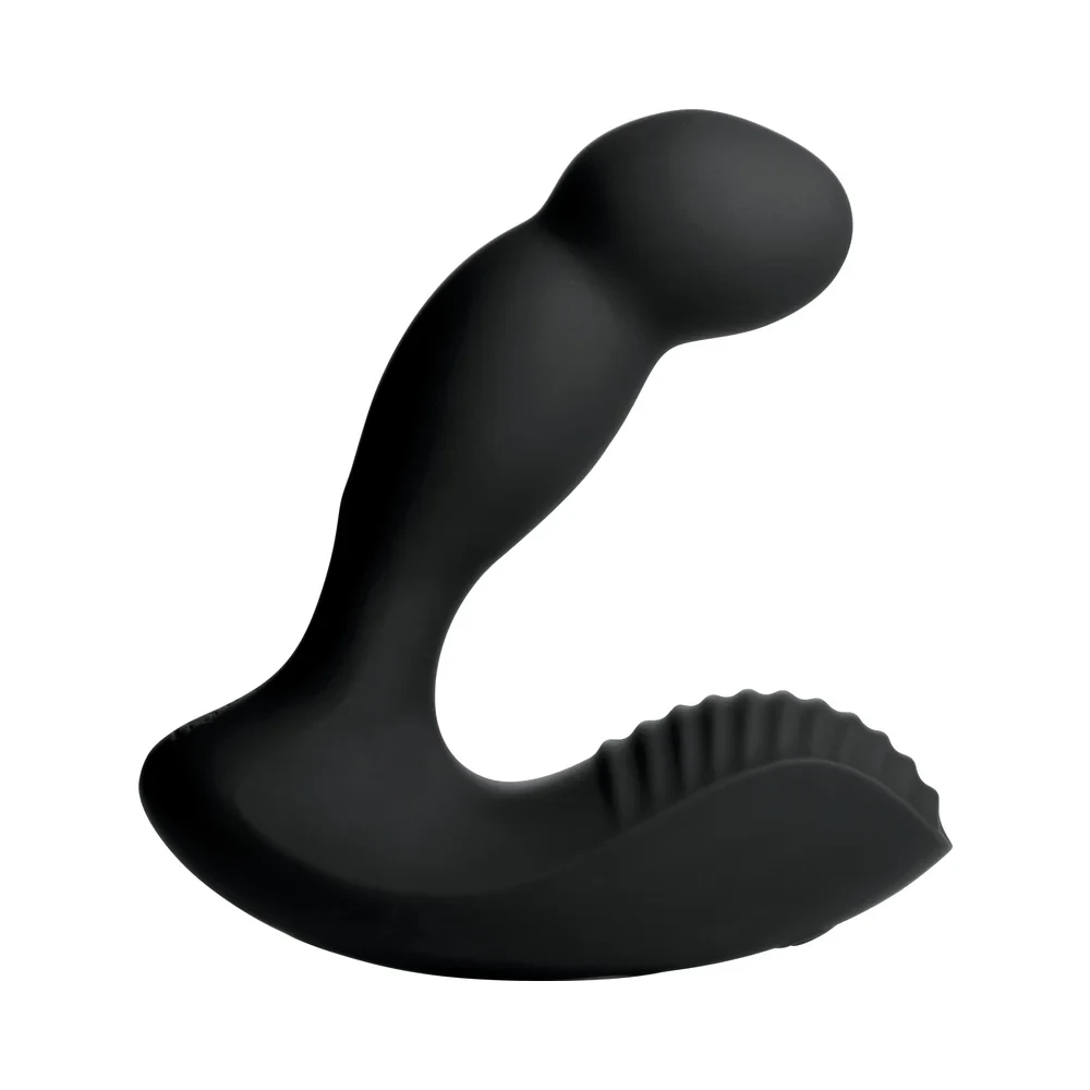 Side profile of Jock P-Force Silicone Prostate Vibrator w/ Remote demonstrating the curved insertable arm, external perineum stimulator, and hands-free positioning for targeted prostate and perineum pleasure