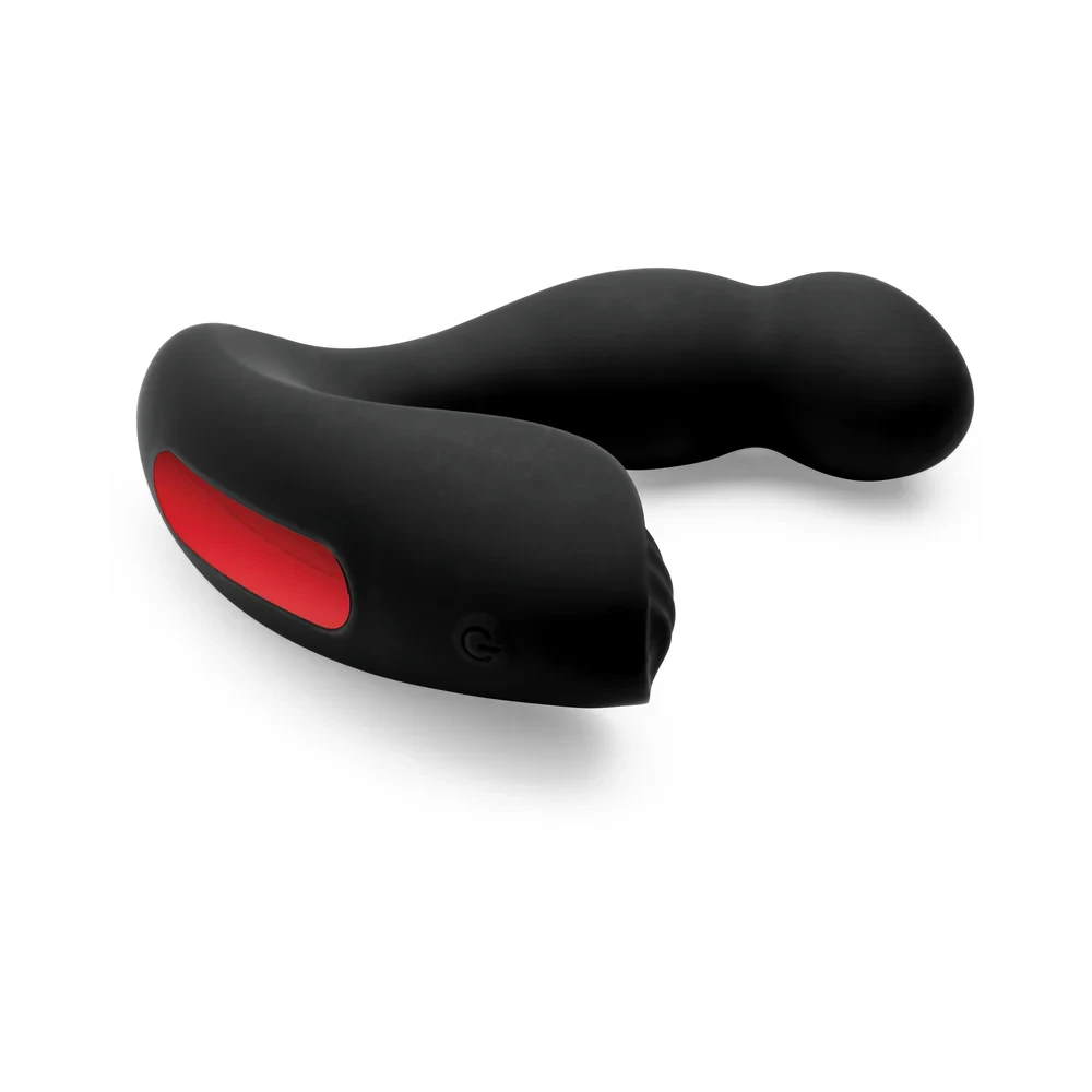 Side profile of Jock P-Force Silicone Prostate Vibrator w/ Remote demonstrating the curved insertable arm, external perineum stimulator, and hands-free positioning for targeted prostate and perineum pleasure