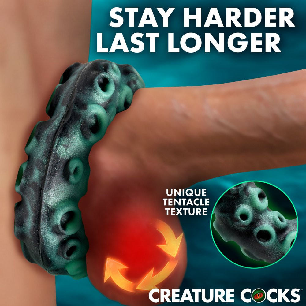 Creature Cocks Octo-Grip Silicone Cock Ring in premium Deep Sea Turquoise silicone showing its full textured octopus-sucker exterior and stretchy single-piece construction for comfortable extended wear