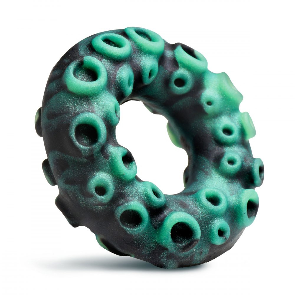 Creature Cocks Octo-Grip Silicone Cock Ring shown ready for use with textured octopus-sucker exterior, stretchy single-piece silicone, and firm-yet-flexible fit for added sensation and comfortable wear