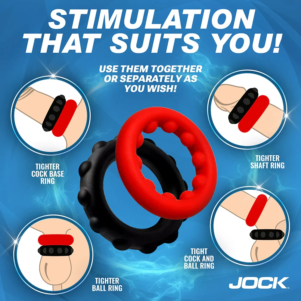 Stacked view of JOCK Enhancers Weighted Silicone C-Rings demonstrating how both rings can be worn together for increased weight and a tighter, more pronounced effect