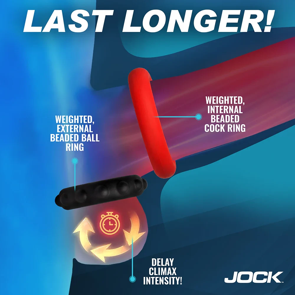 Full set of JOCK Enhancers Weighted Silicone C-Rings showing the red 1.1 inch and black 1.2 inch rings with internal metal beads for added weight and a fuller, thicker feeling erection