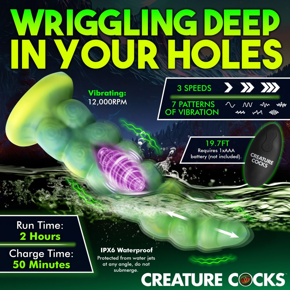 Creature Cocks Squirmer Thrusting & Vibrating Silicone Dildo in premium body-safe silicone showing its full caterpillar-shaped yellow-green shaft with textured round knobs, powerful thrusting and vibration, and suction cup base