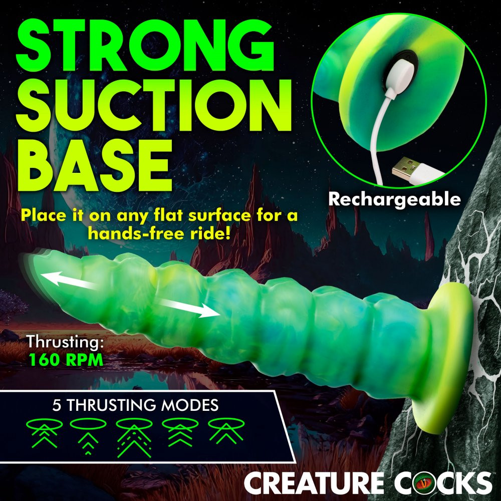 Strong suction cup base close-up on Creature Cocks Squirmer Thrusting & Vibrating Dildo providing secure hands-free mounting and harness compatibility for versatile fantasy rides