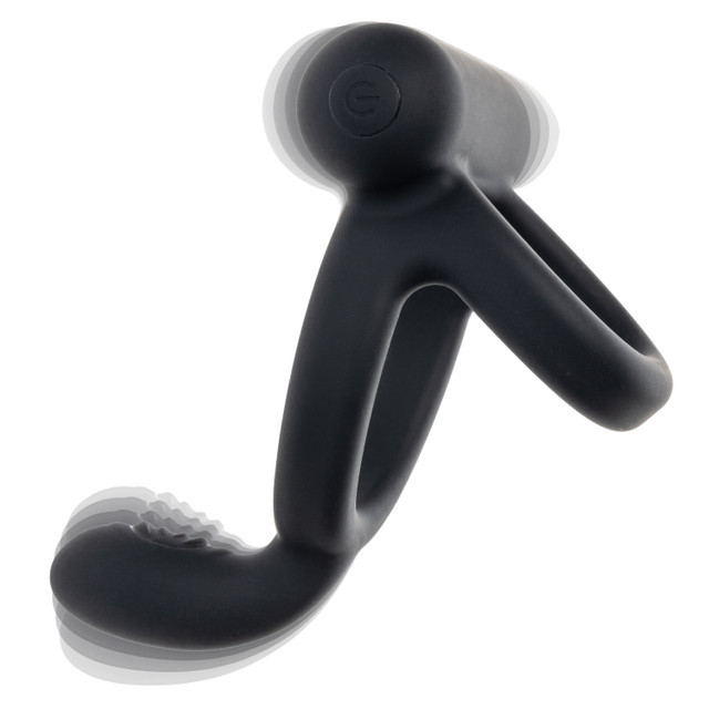 Side profile of CalExotics Closer Intimate Rechargeable Ring demonstrating its ergonomic dual-ring design with taint tickler and powerful vibration for comfortable extended wear