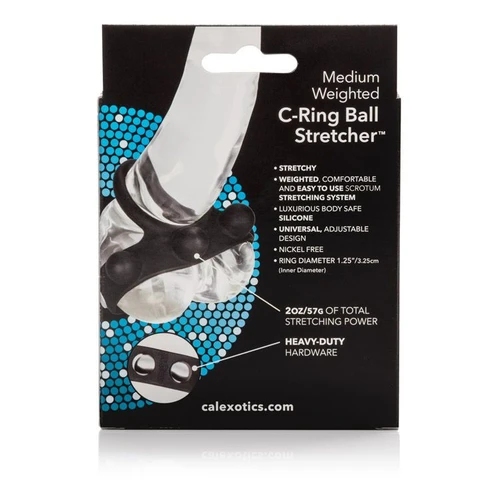 CalExotics Medium Weighted C-Ring Ball Stretcher packaging back featuring four heavy-duty weights, powder-soft stretchy silicone, three snaps for custom fit, and benefits of the comfortable weighted ball stretcher