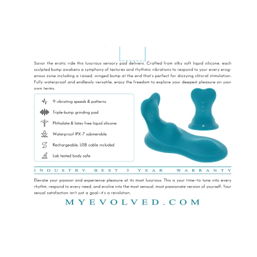 Evolved Bump & Grind Triple Bump Grinding Pad packaging back featuring 9 vibrating speeds and patterns, triple-bump textured design, IPX-7 waterproof construction, and benefits of the versatile grinding pad
