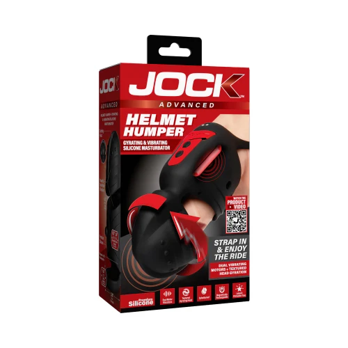 JOCK Advanced Helmet Humper Gyrating & Vibrating Silicone Masturbator retail box front displaying bold branding, dual-motor hands-free stroker with gyrating head chamber and vibrating shaft sleeve for intense dual stimulation