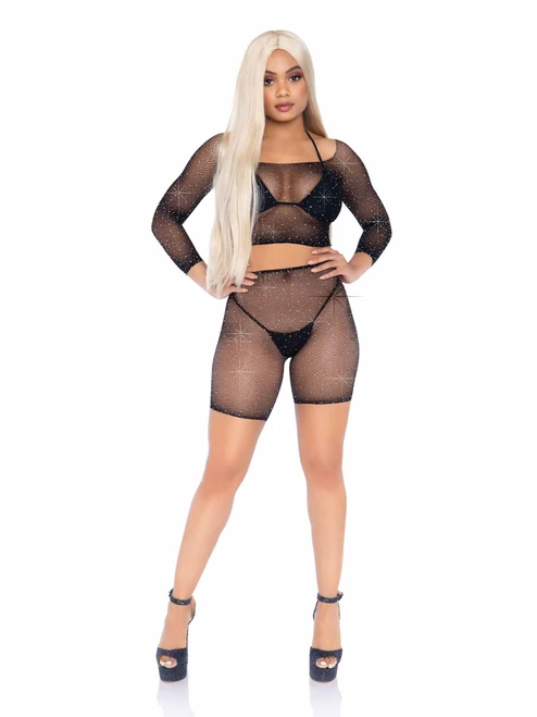 Leg Avenue 2pc Rhinestone Fishnet Crop Top & Biker Shorts - Black