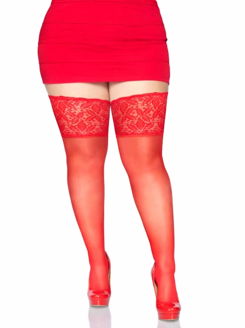 Leg Avenue Spandex Sheer Thigh Highs with 5" Silicone Stay Up Lace Top - Queen Size - Red