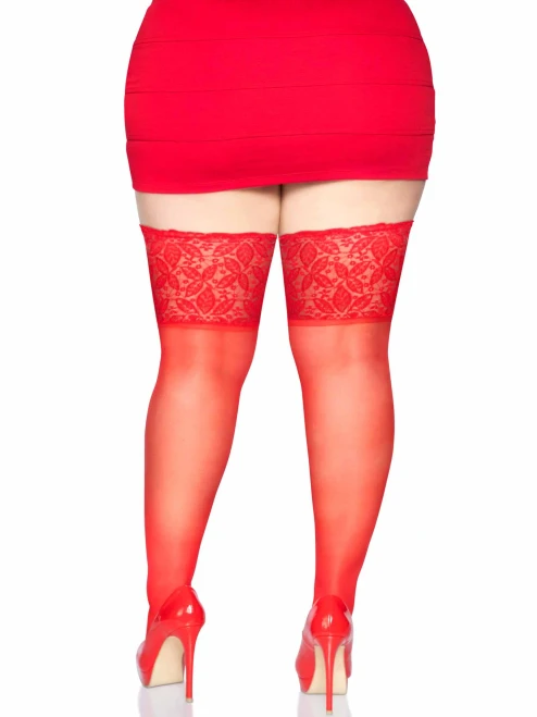 Leg Avenue Spandex Sheer Thigh Highs with 5" Silicone Stay Up Lace Top - Queen Size - Red