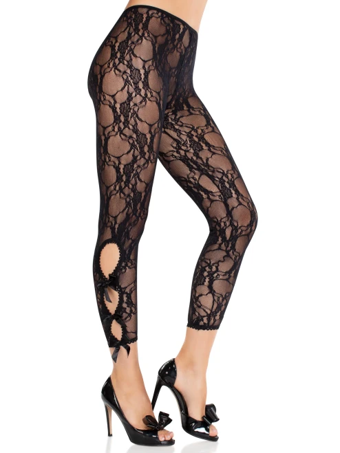 Leg Avenue Floral Lace Footless Capri Tights with Keyhole Detail - Black