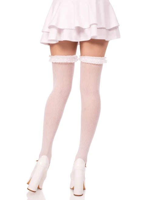 Leg Avenue Lace Garter Sheer Striped Thigh Highs - White