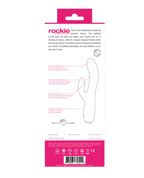 Back of VeDO Rockie dual vibe packaging with product features and specs