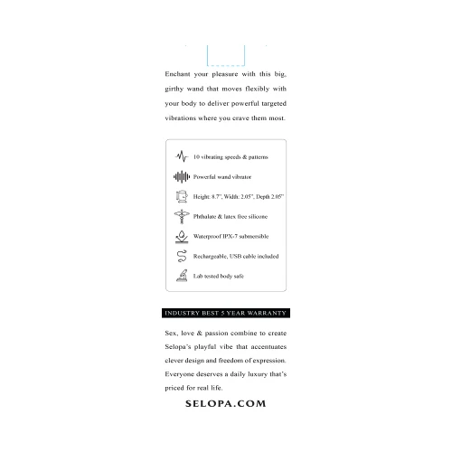 Back of Selopa Merlin wand packaging with product features and specs