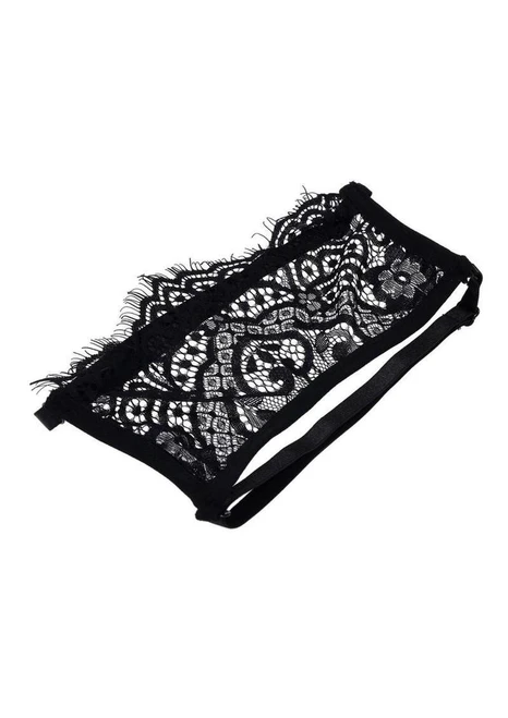 Black see-through lace Veiled Vision blindfold by Sex & Mischief.