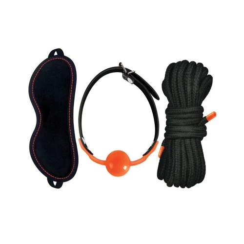 Full Orange Is The New Black Kit #2 laid out: blindfold, ball gag, and rope.