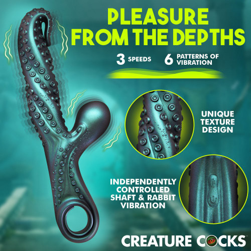 Spiral sucker texture on the flexible G-spot shaft of the emerald Vibropus vibrator.