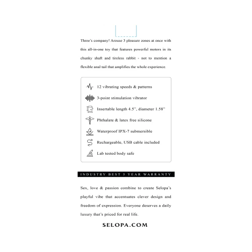 Selopa Triple Tickle Triple Stimulating Vibrator retail box back with feature list.