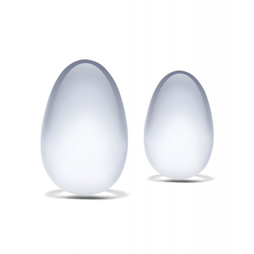 Glas Yoni Eggs: two clear teardrop borosilicate glass kegel exercisers with tapered ends.