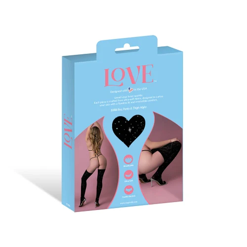 Love Rhinestone Crystal Bra, Panty & Thigh Highs retail box back - Black