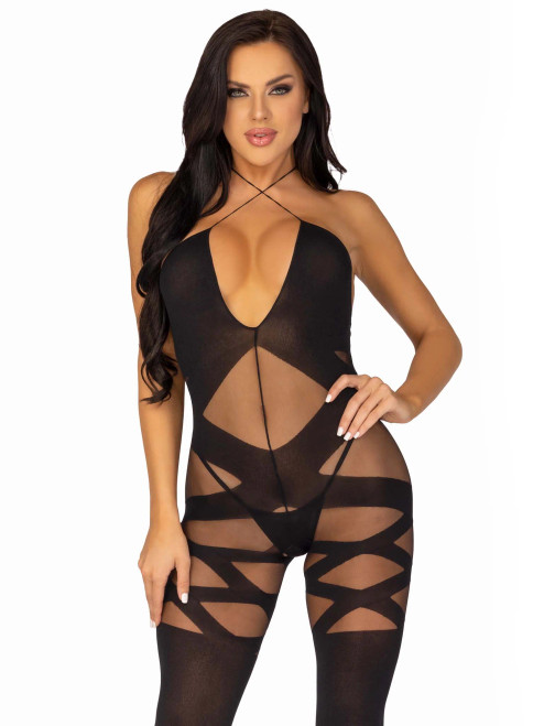 Leg Avenue Opaque and Sheer Illusion Keyhole Halter Bodystocking