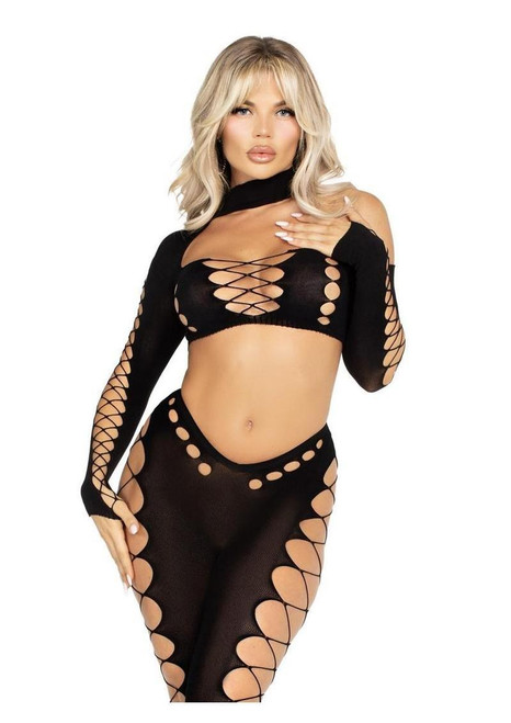 Leg Avenue 2pc Asymmetrical Crop Top & Footless Tights Leg Avenue 2pc Asymmetrical Crop Top & Footless Tights