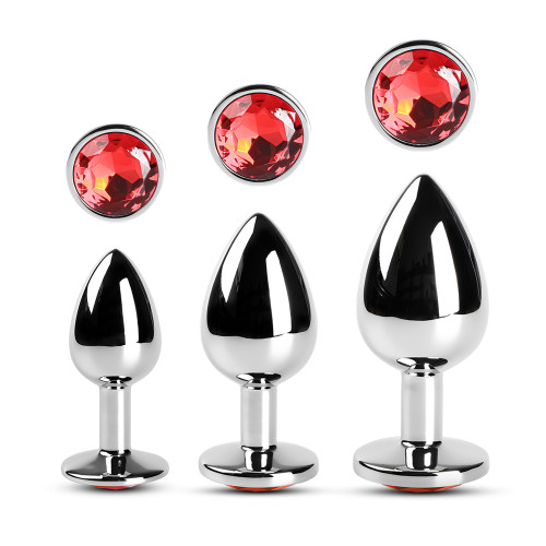 Metallic Metal Anal Plug with Gemstone - Red