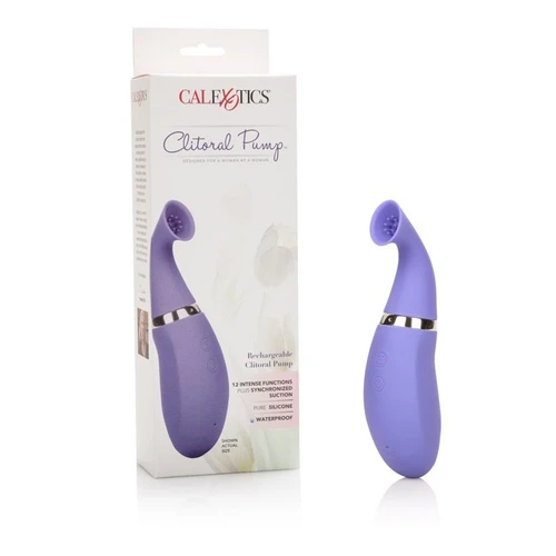 CalExotics Rechargeable Clitoral Pump in pink silicone featuring petite pinpoint suction cup, soft internal teasing ticklers, rotatable removable tip, and ergonomic handheld body with push-button controls