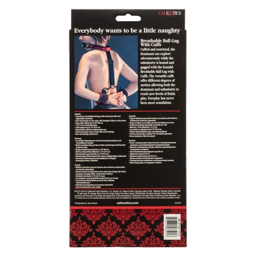 CalExotics Scandal Breathable Ball Gag with Cuffs packaging back featuring fully adjustable collar up to 14 inches, detachable handcuffs, breathable perforated ball design, universal clasps, and intense BDSM restraint benefits