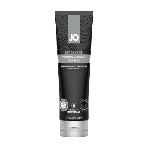 JO H2O Gel Water-Based Lubricant 8 oz bottle in clear thick plush gel formula showing the premium water-based personal lubricant designed to stay exactly where applied