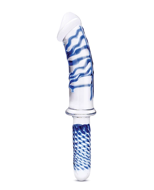 Glas 11 inch Realistic Double Ended Glass Dildo with Handle in clear borosilicate glass showing its full realistic double-ended shafts, detailed heads with subtle veins, central handle, and flared safety bases on both ends for versatile pleasure