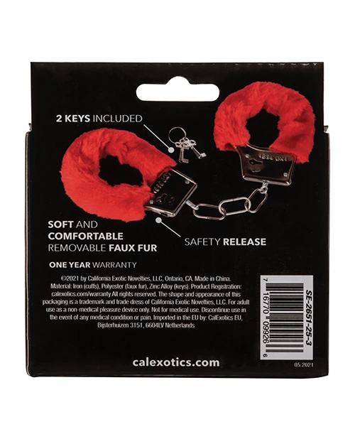CalExotics Playful Furry Cuffs packaging back featuring metal cuffs with plush faux fur lining, and benefits of the soft comfortable BDSM wrist cuffs