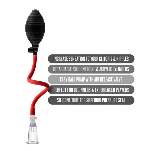 Temptasia Beginner's Clitoral Pumping System complete set showing the compact clear acrylic clitoral cylinder, ergonomic hand pump with quick-release valve, flexible hose, and soft silicone rim for targeted beginner suction play