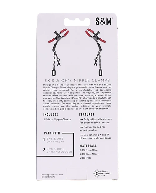 Sex & Mischief Ex's & Oh's Nipple Clamps packaging back featuring gunmetal clamps with comfortable red rubber tips, fully adjustable tension, eye-catching X and O charms, and benefits of the stylish beginner-friendly nipple clamps