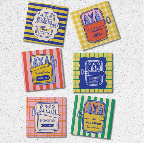Cute colorful sardines coasters set.