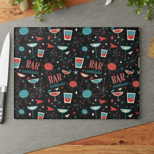 Cocktail Bar Glass Cutting Board – Retro Mid-Century Drink Pattern