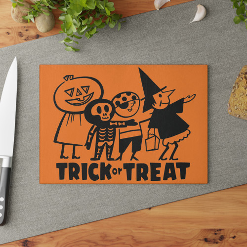 Vintage Trick or Treat Graphic Glass Cutting Board - Halloween Kitchen Decor