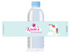 Unicorn Birthday Party personalised water bottle favour labels.