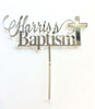 Custom Silver Mirror Baptism Cake Topper with Cross - Personalised Religious Cake Decoration with name and Cross