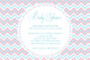 Personalised baby shower invitations for a Gender Reveal, on a pretty pink and blue chevron background. Printed in Australia.