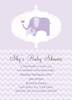 Personalised baby shower invitations featuring a cute baby Elephant, on a pretty purple or lilac background. Printed in Australia.
