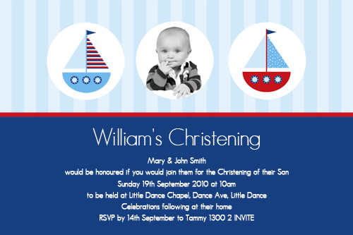 Sailboat Nautical Themed Photo Christening Invitations & Boat Themed Baptism Invitations