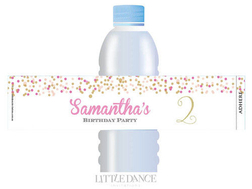 Pink & Gold Confetti Party Personalised Water Bottle favour labels