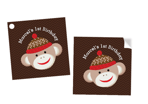 Sock Monkey Party Personalised Square Labels, Square Stickers and Square Tags.