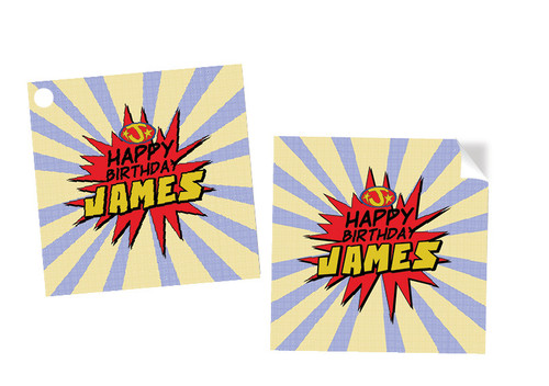Superhero Party Personalised Square Labels, Square Stickers and Square Tags.